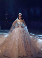 Luxury Bead Lace Wedding Gown with 3D Floral Design