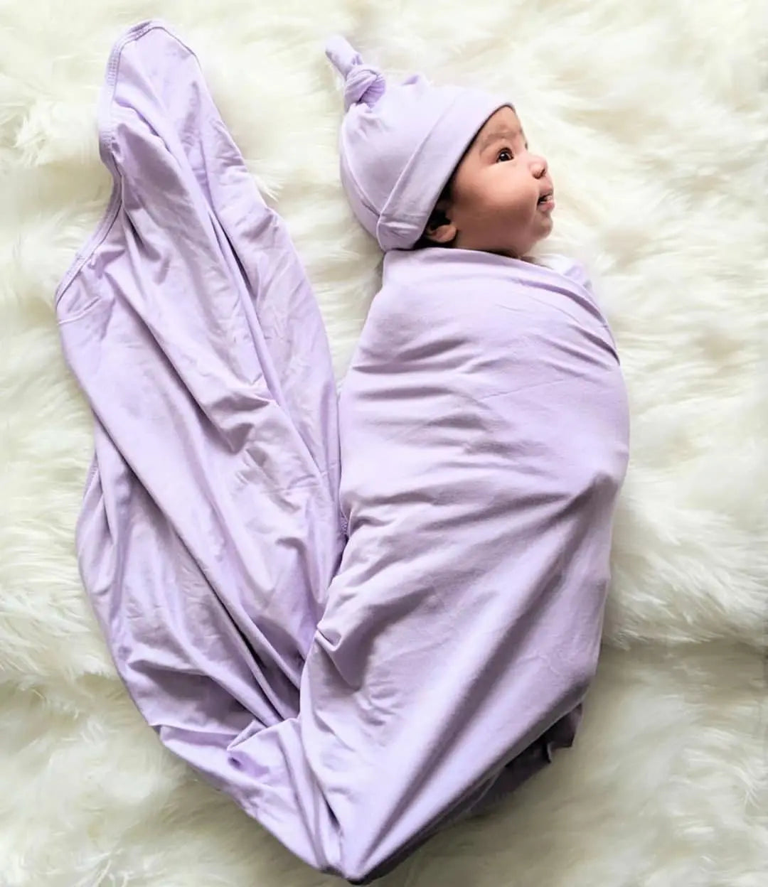 Baby Girl Swaddle Set - Newborn Blanket, Hat and Headband - Purple