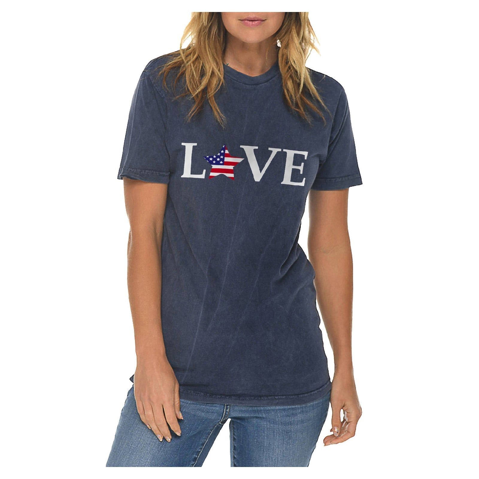 Love USA Flag Star Graphic Design Vintage Crewneck Tee