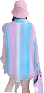 Title: Pastel Dream Oversized Sheer Button-Down Blouse