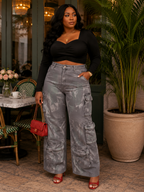 Time to Shine Grey Acid Wash High Waisted Cargo Plus Size Pants