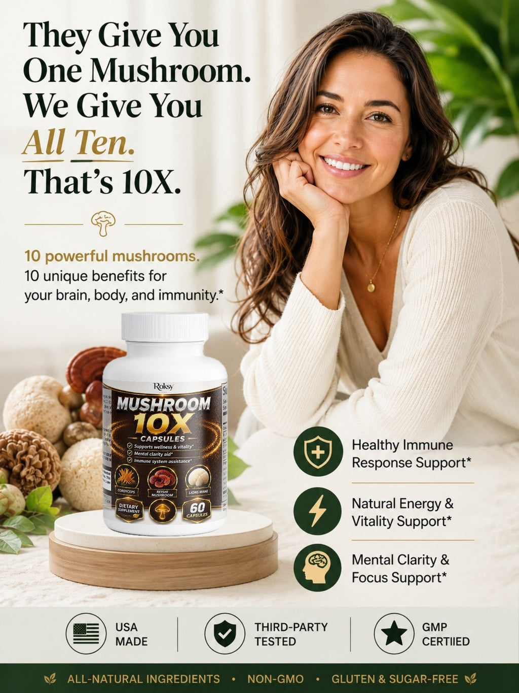 Mushroom 10X Capsules with Lion's Mane - 60 Count Reishi USA Made