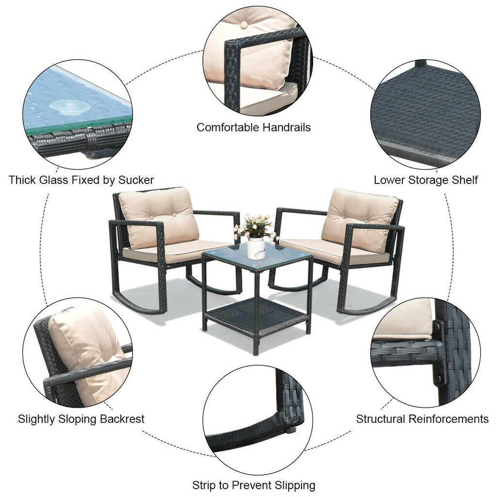 3 Pieces Cushioned Patio Rattan Set with Rocking Chair and Table-Black