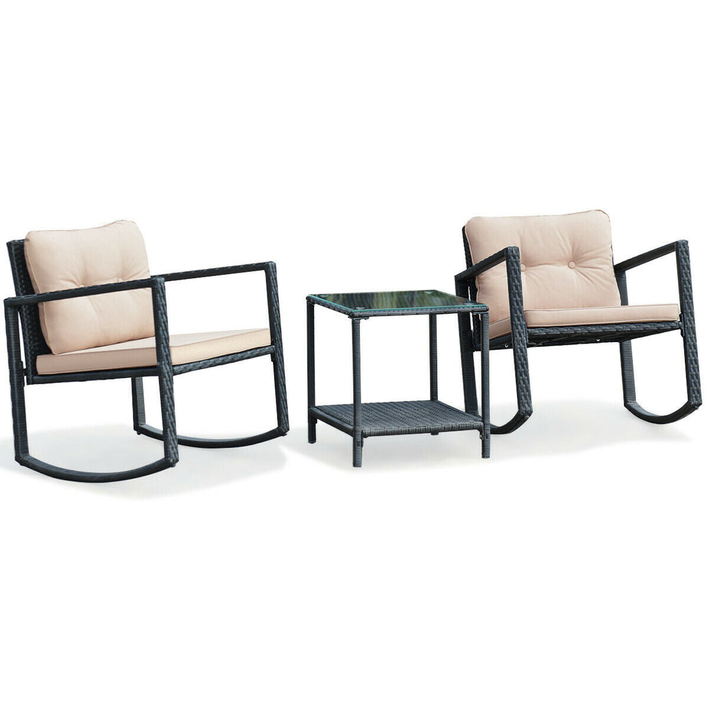 3 Pieces Cushioned Patio Rattan Set with Rocking Chair and Table-Black