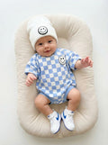 Short Sleeve Bubble Romper | Checkered Smiley Blue