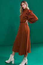 TIER ELEGANCE BROWN WOVEN MIDI DRESS