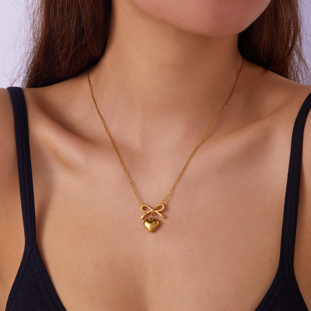 Bow Heart Pendant Necklace -Dainty Cute Pendant Jewelry Gift