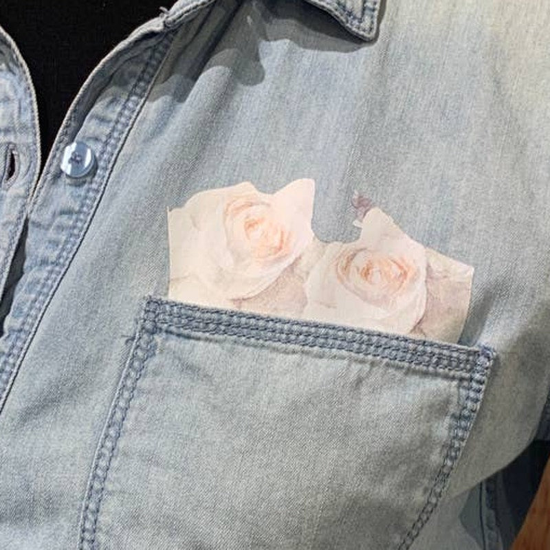 Hand Printed Upcycled Small Rose Flower Lacy Long Sleeve Denim Button Down Shirt