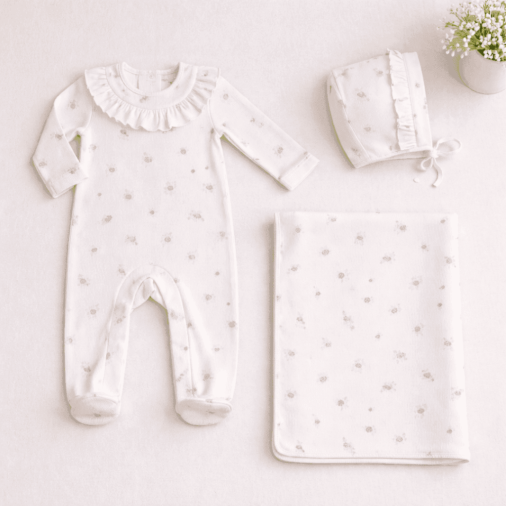 SYRINE  | Girls Ivory Cotton Ditzy Rose Print Babysuit Set