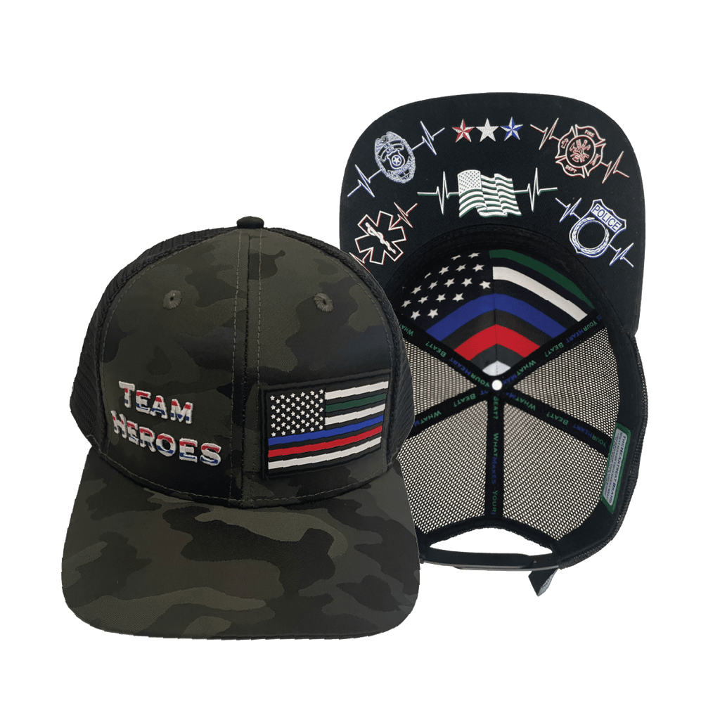 Team Heroes Hat - Baseball Hat Fit - Green Camo / Black - Trucker Mesh