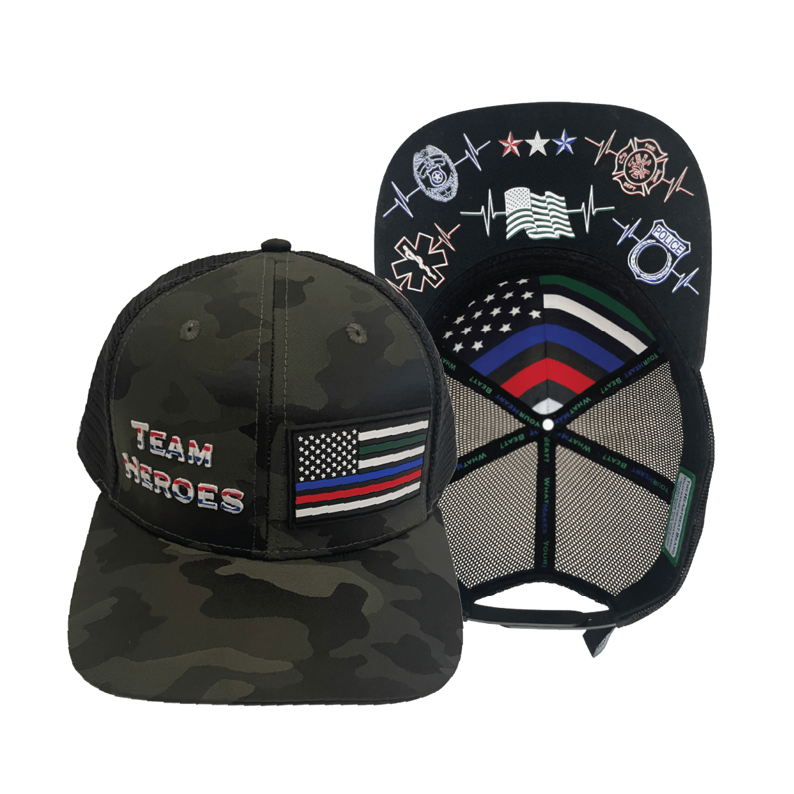 Team Heroes Hat - Baseball Hat Fit - Green Camo / Black - Trucker Mesh