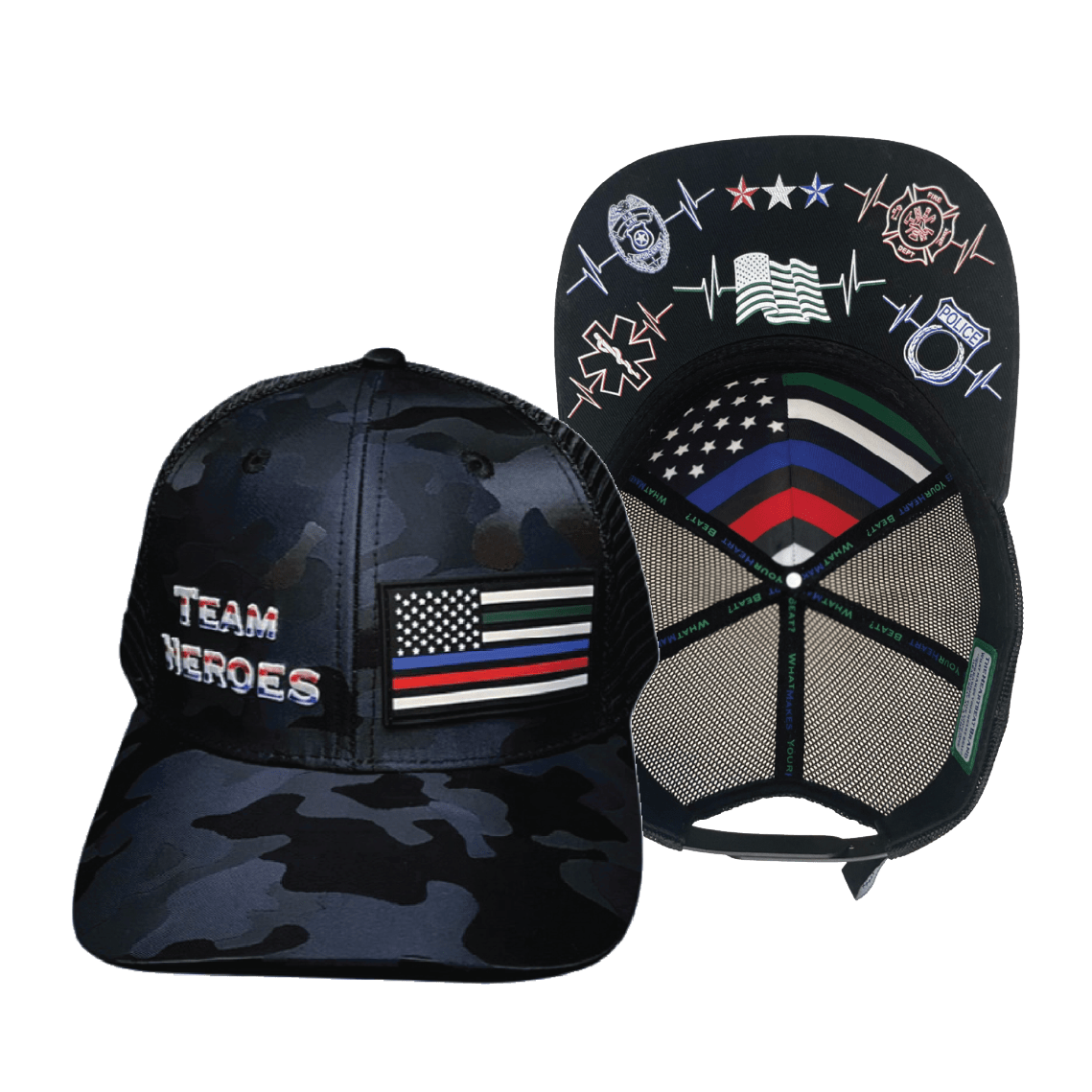 Team Heroes Hat - Baseball Hat Fit - Navy Camo / Black - Trucker Mesh