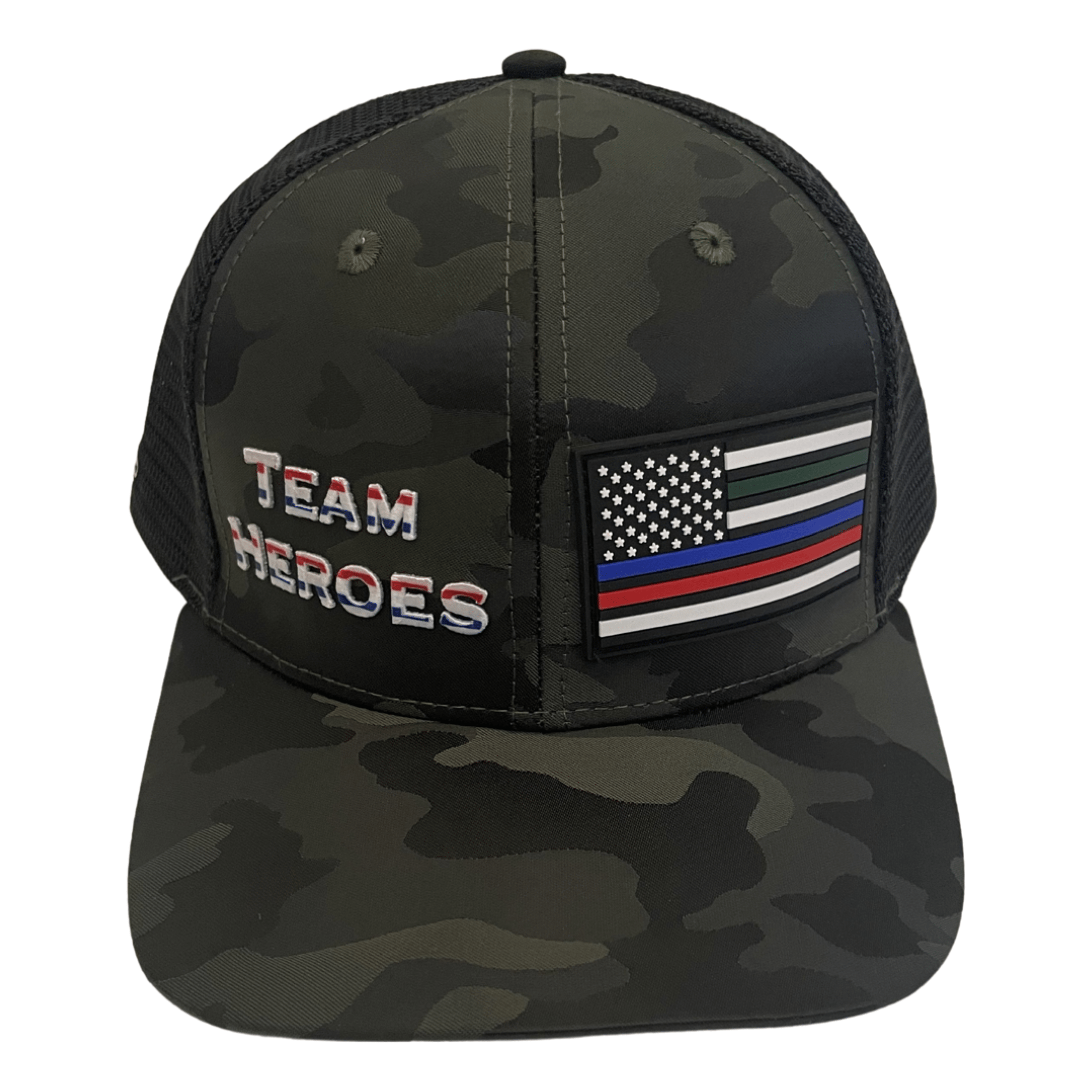 Team Heroes Hat - Baseball Hat Fit - Green Camo / Black - Trucker Mesh