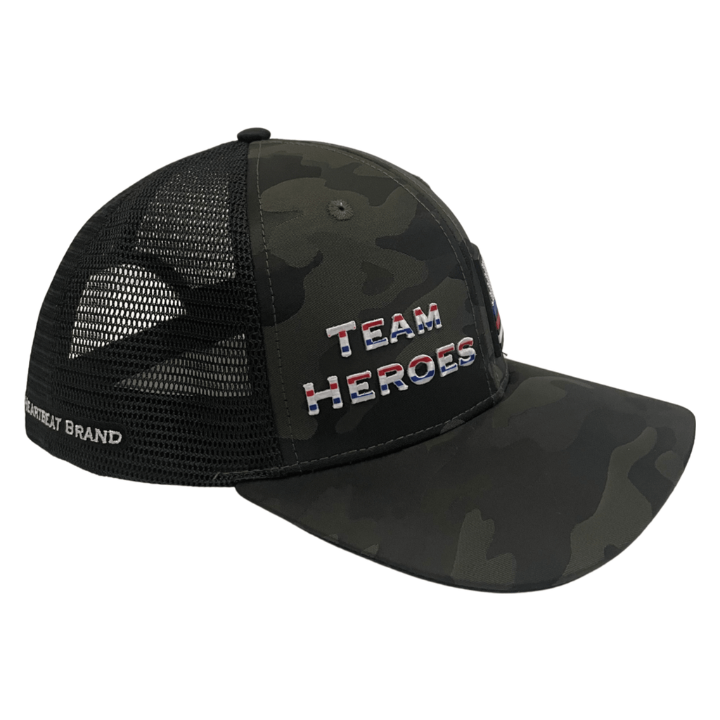 Team Heroes Hat - Baseball Hat Fit - Green Camo / Black - Trucker Mesh