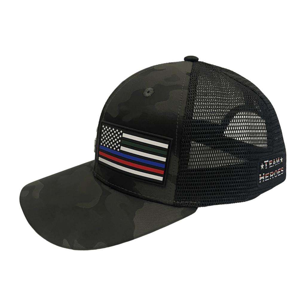 Team Heroes Hat - Baseball Hat Fit - Green Camo / Black - Trucker Mesh