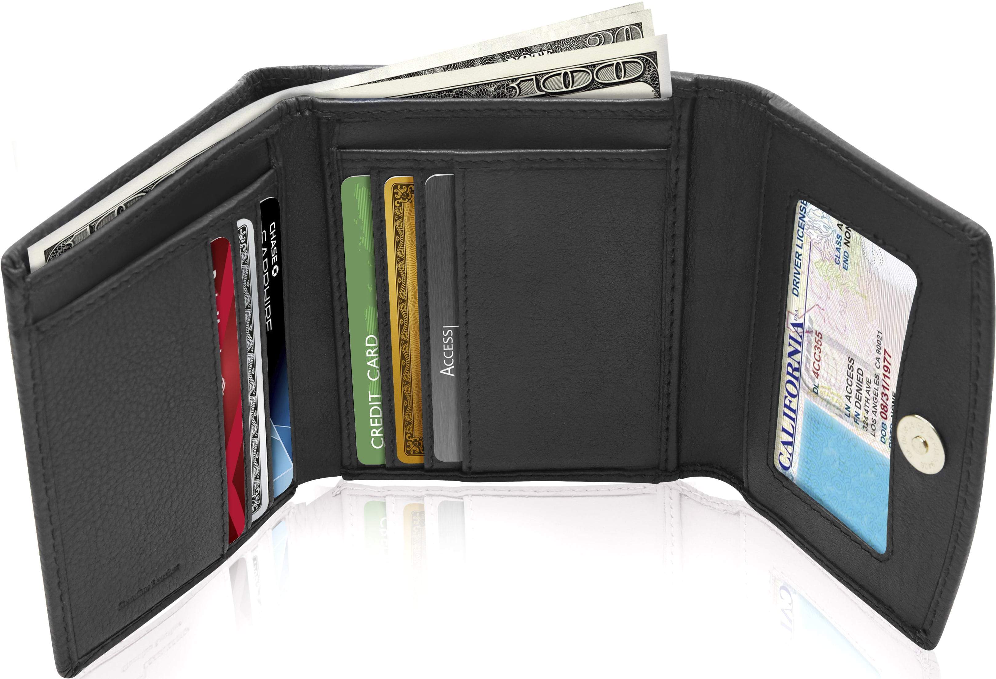 Genuine Leather Trifold Coin Wallet – ID Window, Snap Coin Pocket, RFID Blocking