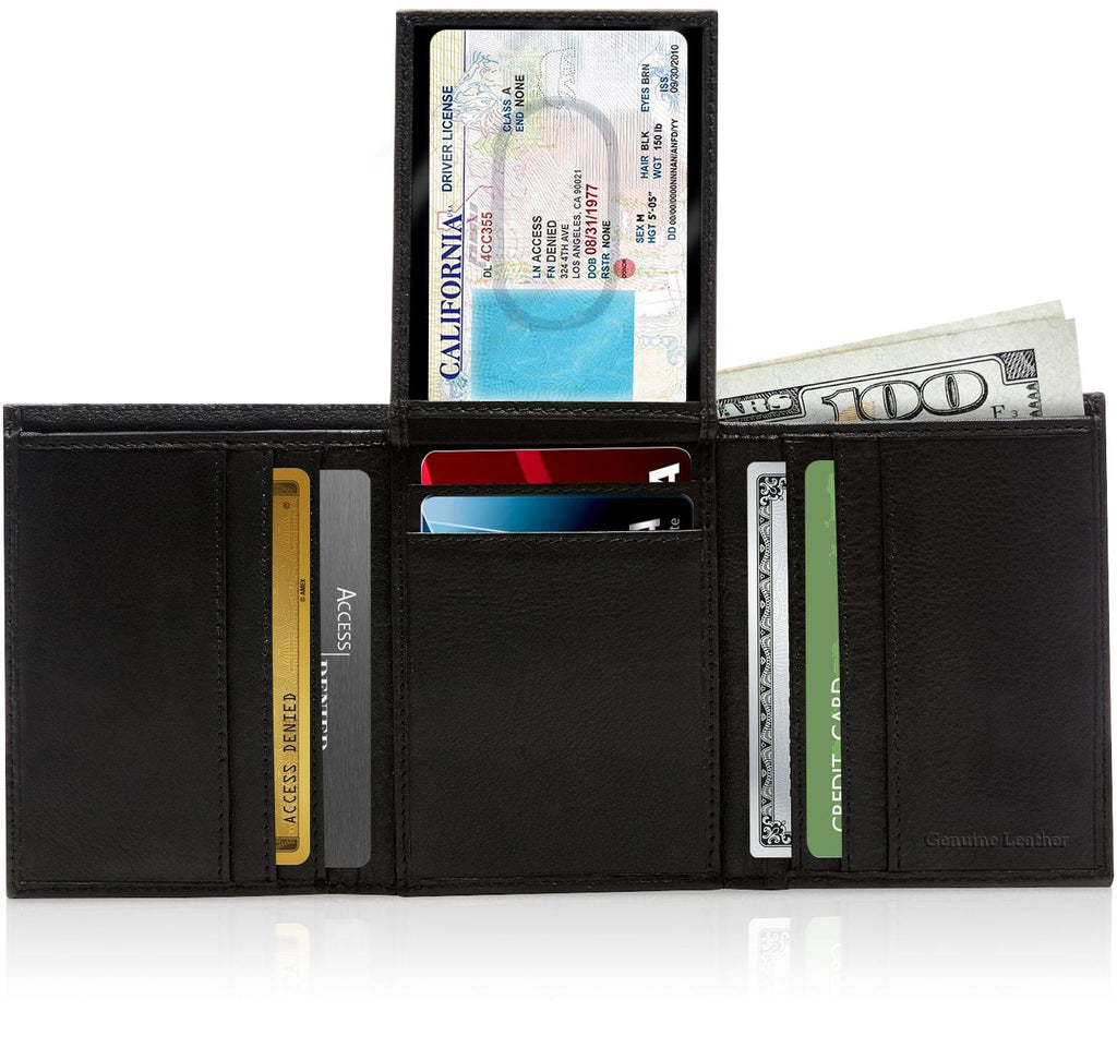Genuine Leather Trifold Wallet – Flip-Up Dual ID Windows, RFID Blocking