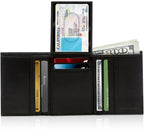 Genuine Leather Trifold Wallet – Flip-Up Dual ID Windows, RFID Blocking