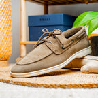 16-675-TPE VENICE Italian Sueded Goatskin Boat Shoes, Taupe