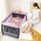 Babyjoy 3-in-1 Portable Baby Playard with Zippered Door and Toy Bar-Pink