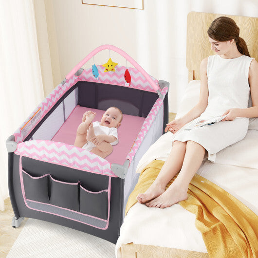 Babyjoy 3-in-1 Portable Baby Playard with Zippered Door and Toy Bar-Pink
