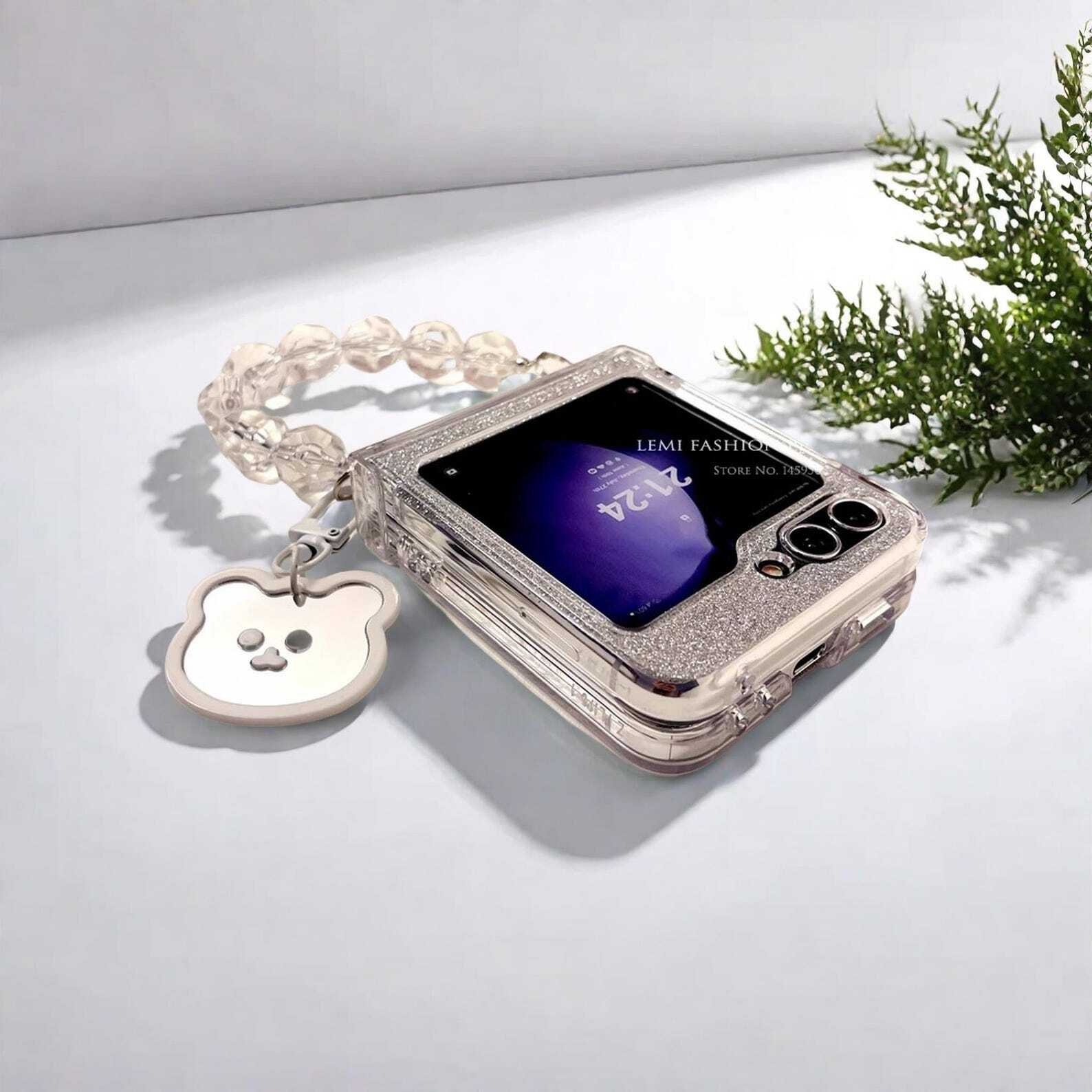 Glitter Bracelet Chain Hinge Case for Samsung Galaxy Z Flip 3 4 5 6 - Stylish Clear Protective Cover with Secure Grip for Zflip5 Phones