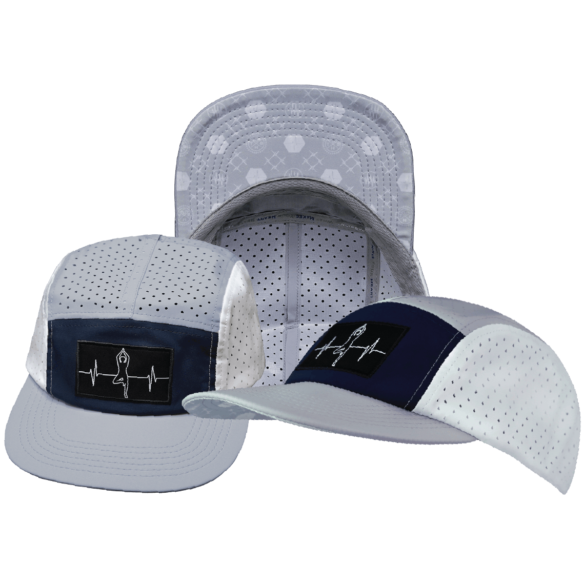 Yoga Hat - 5 Panel - Ponytail - Gray / Navy / White - Laser Mesh