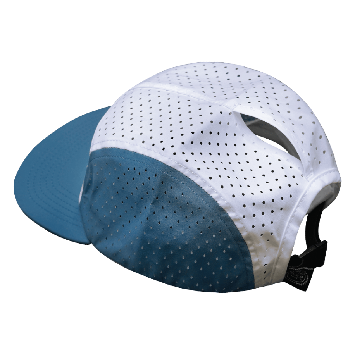 Yoga Hat - 5 Panel - Ponytail - Light Blue / White - Laser Mesh