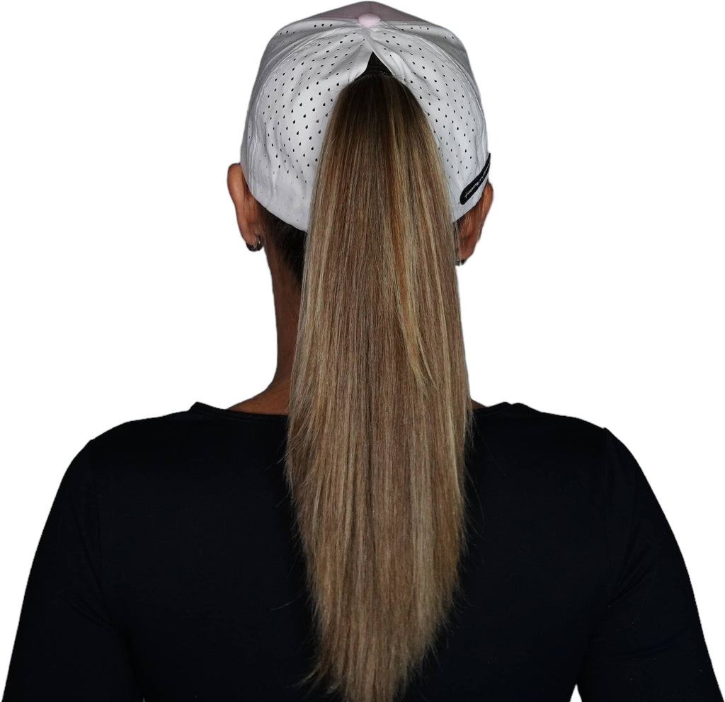 Yoga Hat - Low Profile - Ponytail - Pink / White - Laser Mesh