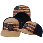 **YOUTH** Color Vibes Hat - Flat Bill - Stained Flag - Light Tan / Navy - Laser Mesh
